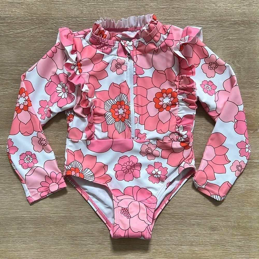 Retro Pink Floral Print Rashguard Swimsuit  18-24 months